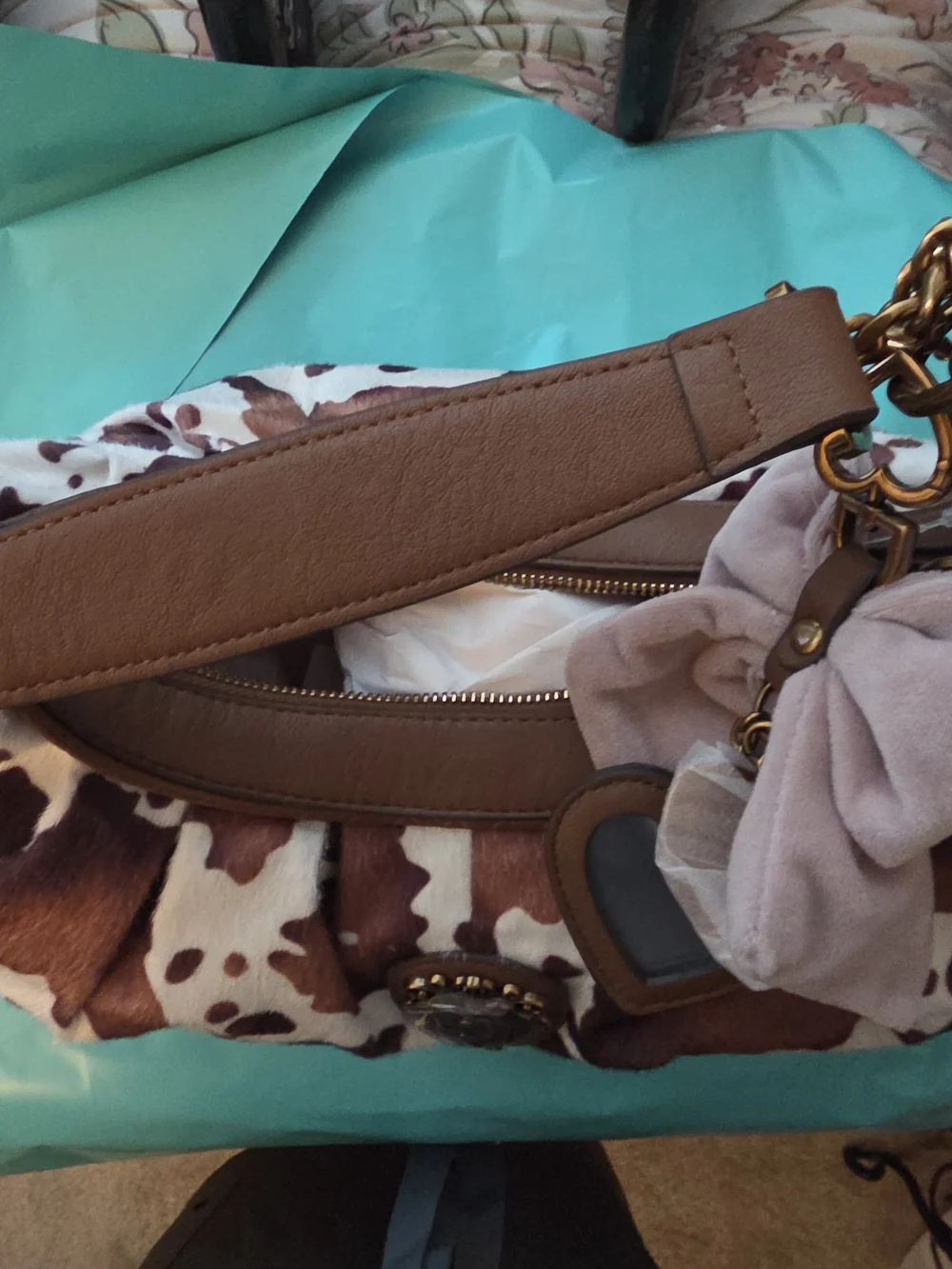 Juicy Couture Saddle Brown & White Cowhide Hobo with Chain Accent